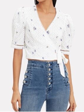 SAYLOR White Floral Eyelet embroidered  Wrap short Top with Tie
